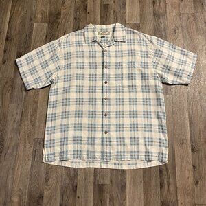 Tommy Bahama 100% Silk Blue Plaid Short Sleeve button Down Shirt Medium